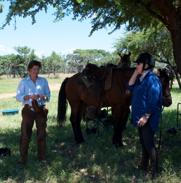 Camilla and Mairi preparing to set off one morning TWT Ride 2017